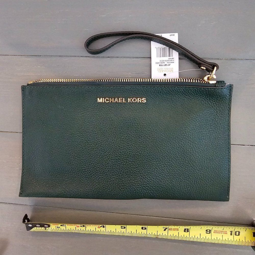 Michael Kors Women's Green Pebble Leather Travel Jet Set Zip Clutch Wristlet - Picture 2 of 5